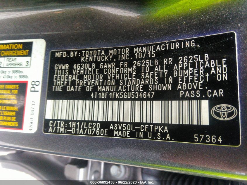 2016 TOYOTA CAMRY XLE/SE/LE/XSE - 4T1BF1FK5GU534647