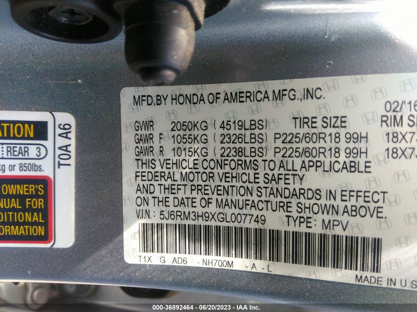 2016 HONDA CR-V TOURING - 5J6RM3H9XGL007749