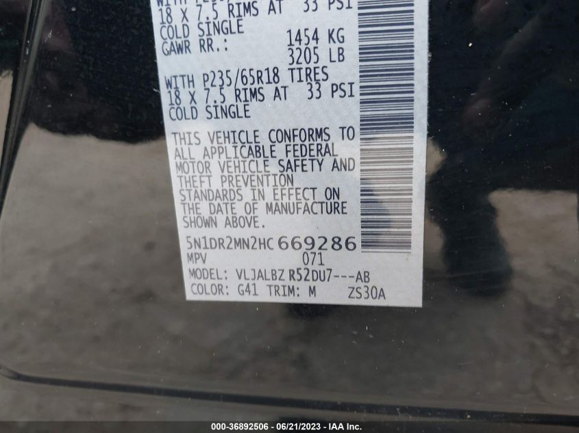 2017 NISSAN PATHFINDER S - 5N1DR2MN2HC669286