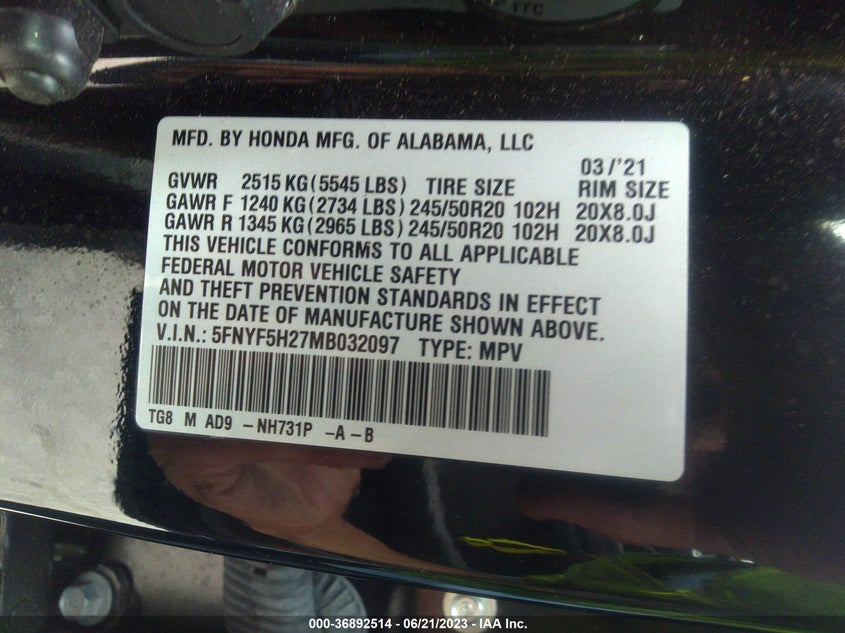 VIN 5FNYF5H27MB032097 2021 HONDA PILOT SPECIAL EDITION