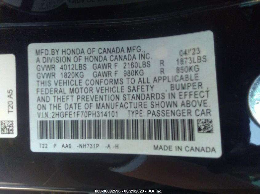 2023 HONDA CIVIC SEDAN EX - 2HGFE1F70PH314101