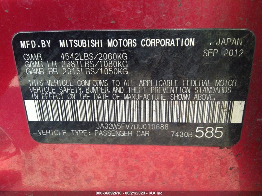 2013 MITSUBISHI LANCER EVOLUTION MR JA32W5FV7DU010688