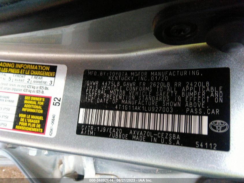 2020 TOYOTA CAMRY SE/SE NIGHT SHADE - 4T1G11AK1LU927003