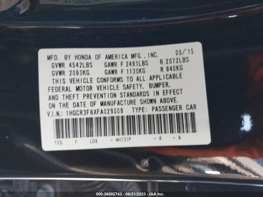 2015 HONDA ACCORD SEDAN EX-L 1HGCR3F8XFA029009