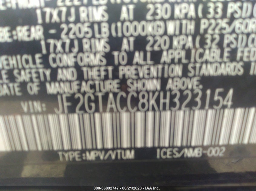 VIN JF2GTACC8KH323154 2019 SUBARU CROSSTREK PREMIUM