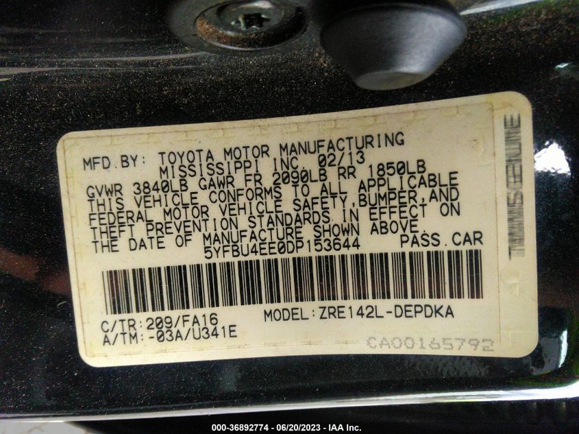 2013 TOYOTA COROLLA L/LE/S - 5YFBU4EE0DP153644