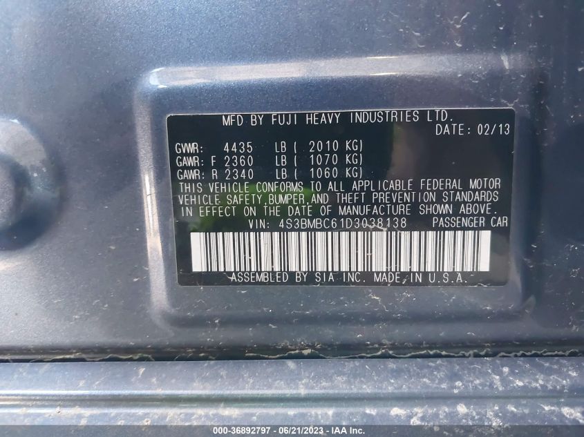 2013 SUBARU LEGACY 2.5I PREMIUM - 4S3BMBC61D3038138