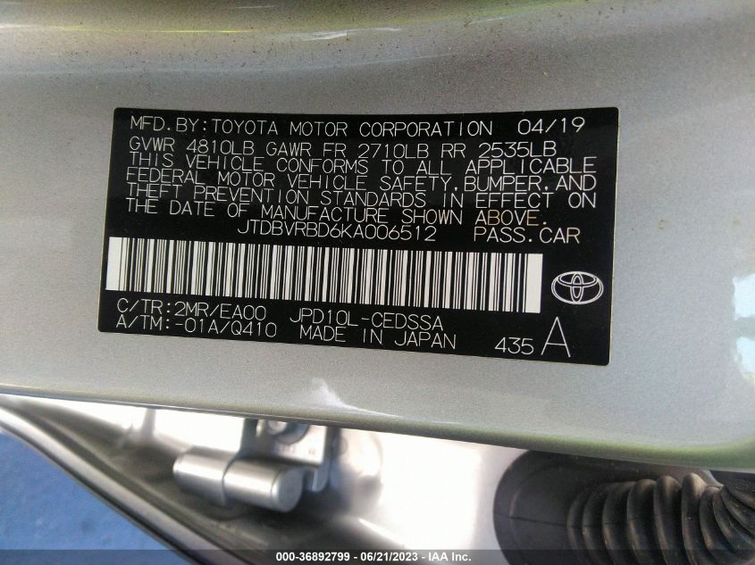 2019 TOYOTA MIRAI JTDBVRBD6KA006512