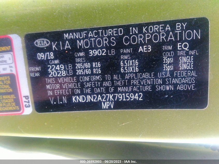 2019 KIA SOUL BASE - KNDJN2A27K7915942