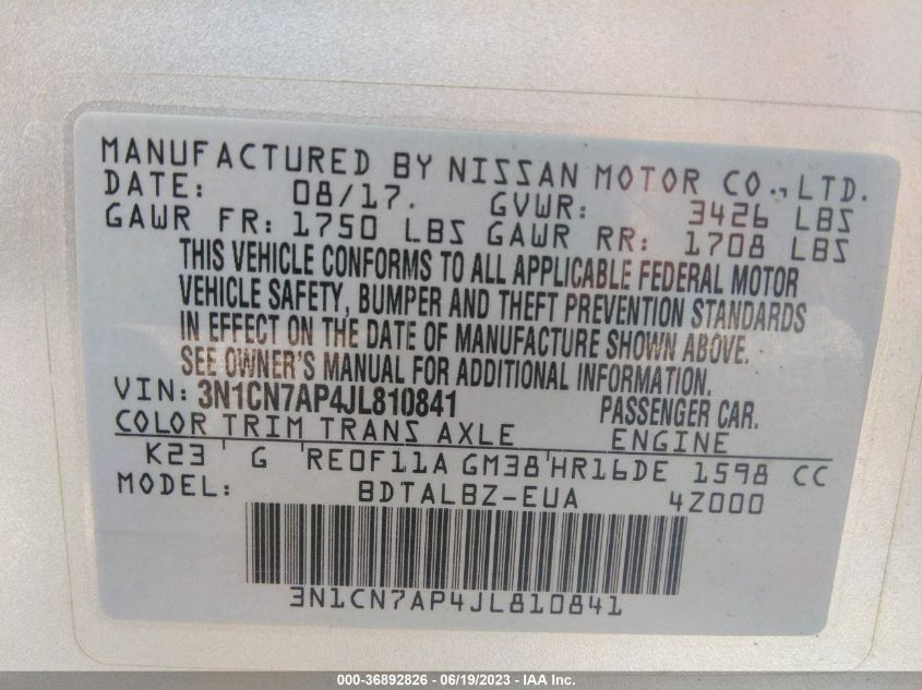 2018 NISSAN VERSA SEDAN SV - 3N1CN7AP4JL810841