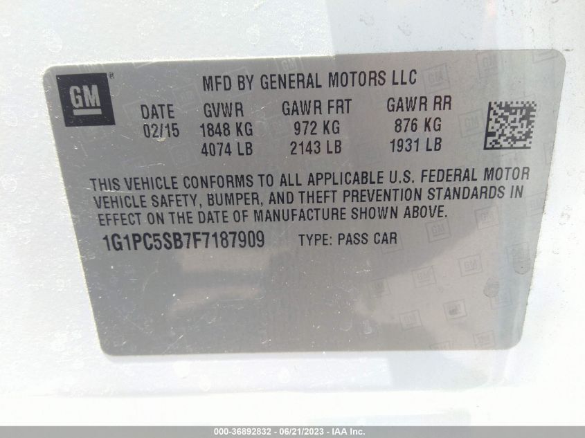 2015 CHEVROLET CRUZE LT - 1G1PC5SB7F7187909