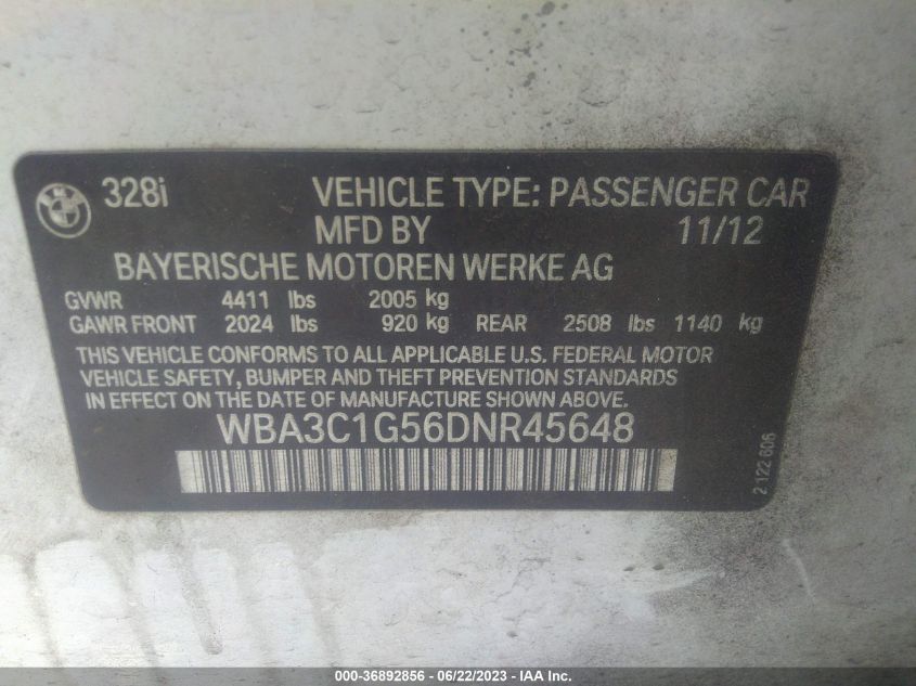 2013 BMW 328I WBA3C1G56DNR45648