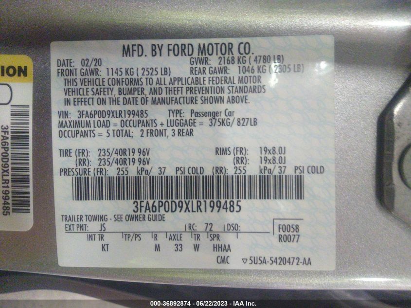 2020 FORD FUSION TITANIUM - 3FA6P0D9XLR199485