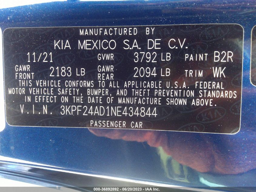 2022 KIA FORTE LXS - 3KPF24AD1NE434844
