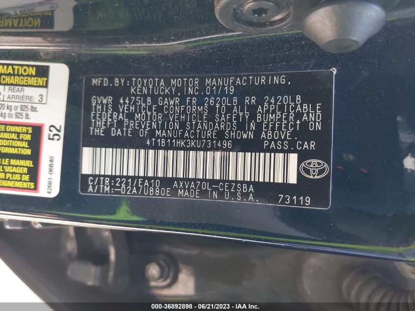 2019 TOYOTA CAMRY SE - 4T1B11HK3KU731496
