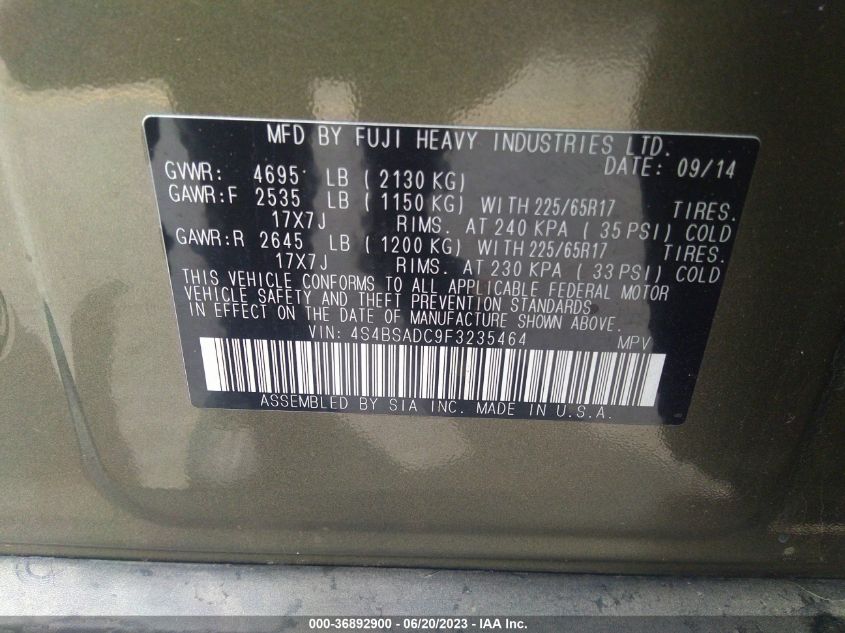 2015 SUBARU OUTBACK 2.5I PREMIUM - 4S4BSADC9F3235464