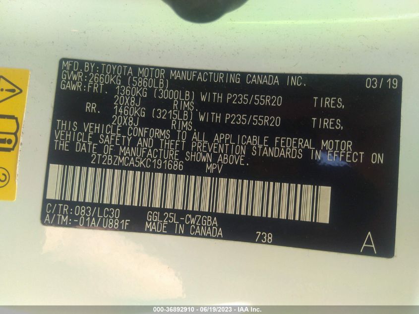 2019 LEXUS RX RX 350 - 2T2BZMCA5KC191686