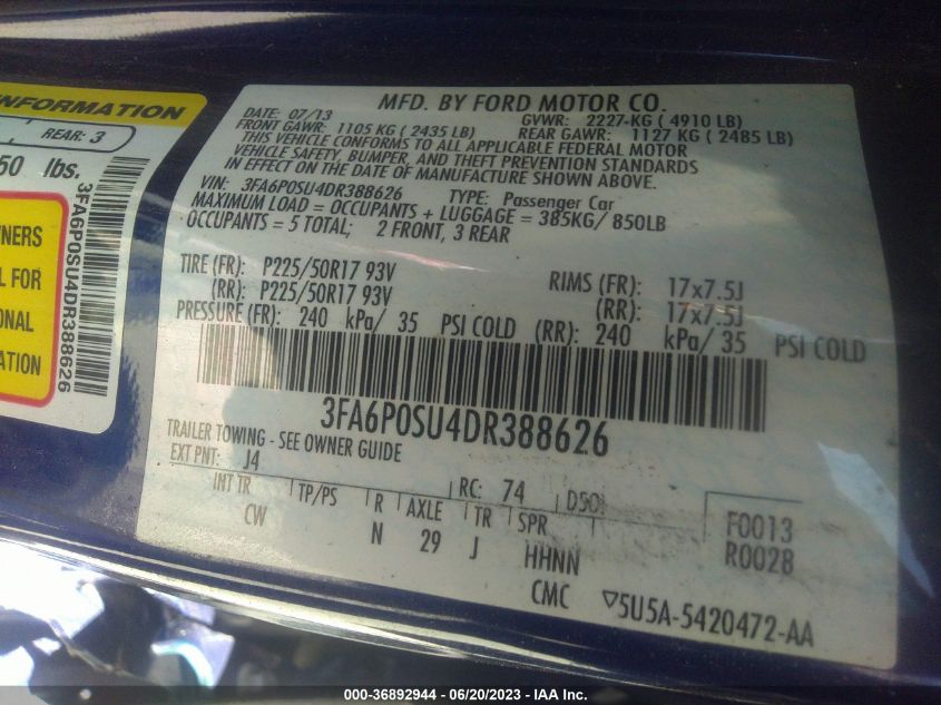 2013 FORD FUSION ENERGI TITANIUM - 3FA6P0SU4DR388626