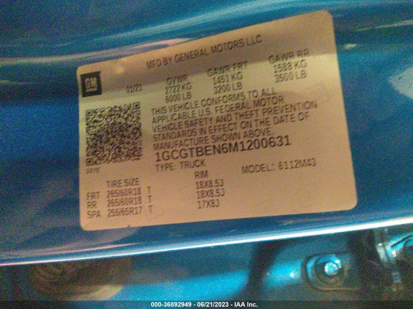 2021 CHEVROLET COLORADO 4WD WORK TRUCK - 1GCGTBEN6M1200631