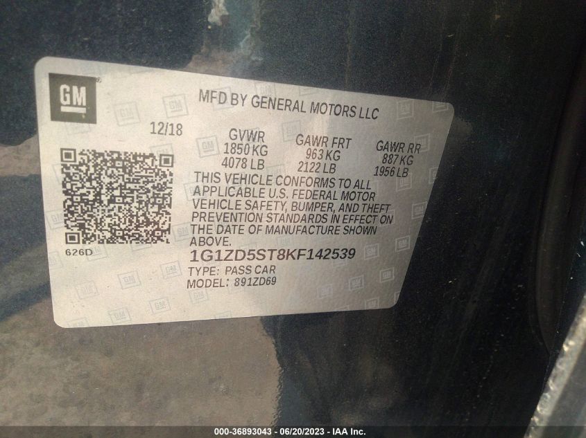2019 CHEVROLET MALIBU LT - 1G1ZD5ST8KF142539