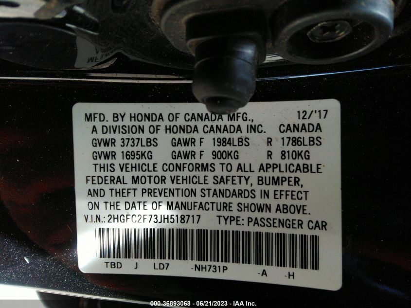 2018 HONDA CIVIC SEDAN EX - 2HGFC2F73JH518717
