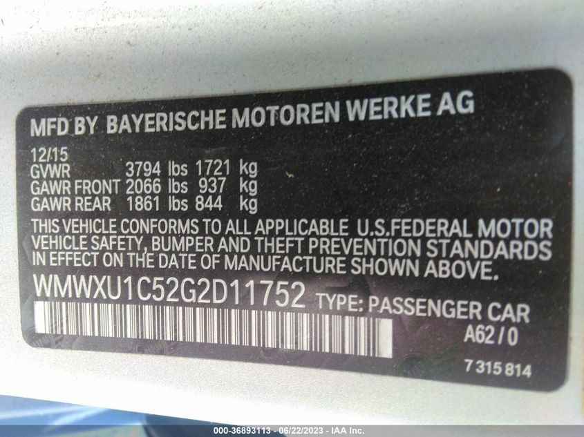 2016 MINI COOPER HARDTOP 4 DOOR WMWXU1C52G2D11752