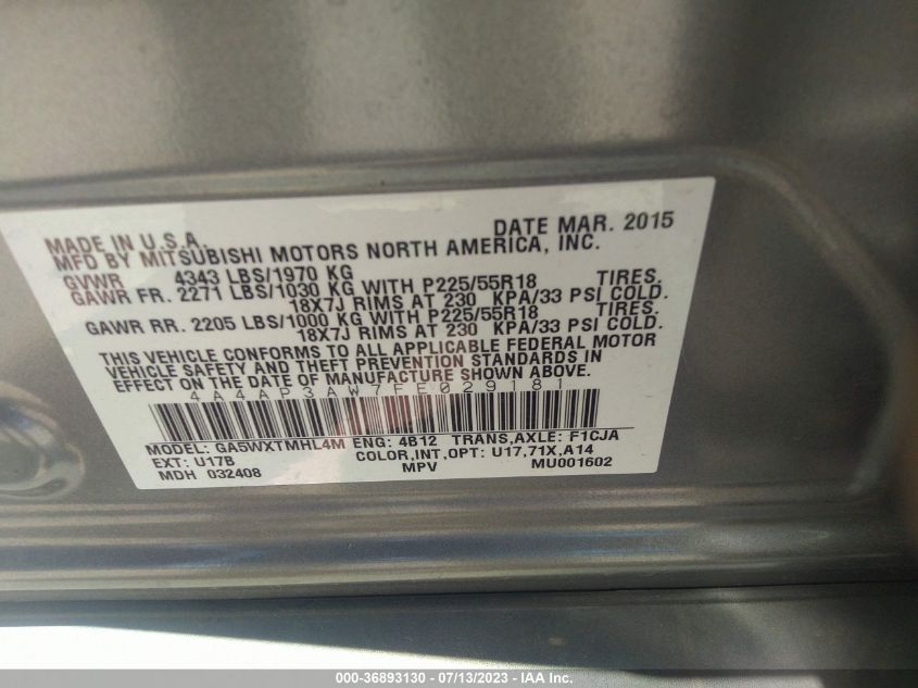 2015 MITSUBISHI OUTLANDER SPORT 2.4 ES - 4A4AP3AW7FE029181
