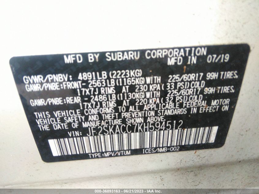 2019 SUBARU FORESTER - JF2SKACC7KH594512