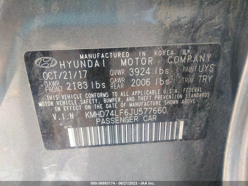 VIN KMHD74LF6JU577660 2018 HYUNDAI ELANTRA SE