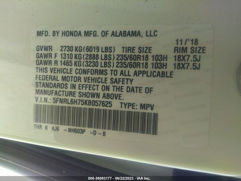 5FNRL6H75KB057625 Honda Odyssey EX-L 9