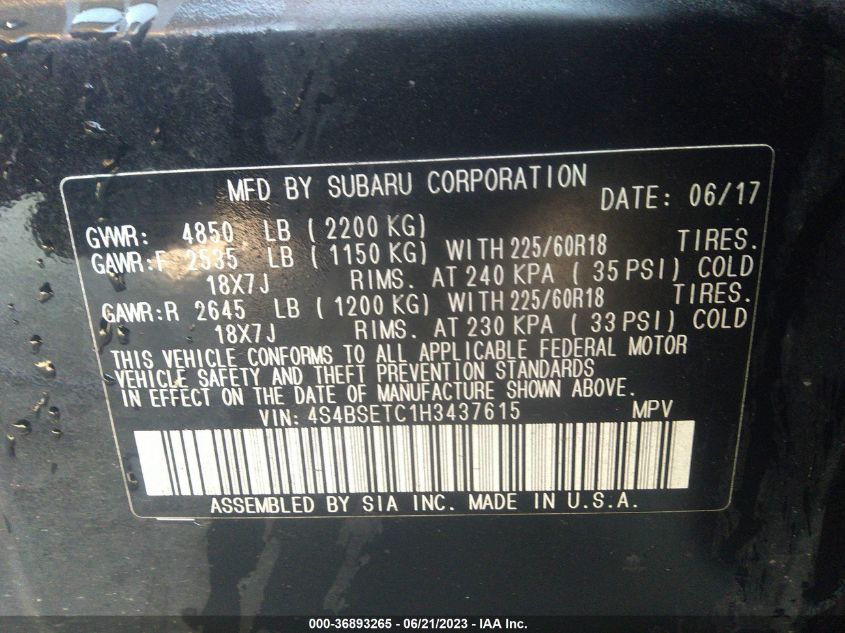 2017 SUBARU OUTBACK TOURING - 4S4BSETC1H3437615