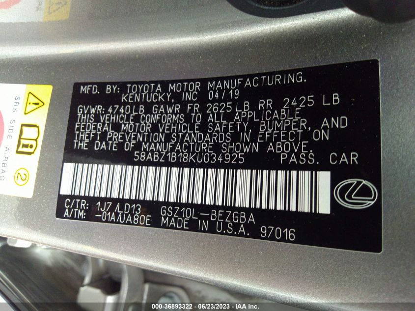 2019 LEXUS ES ES 350 - 58ABZ1B18KU034925