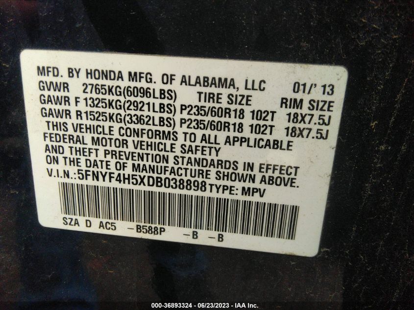 2013 HONDA PILOT EX-L - 5FNYF4H5XDB038898