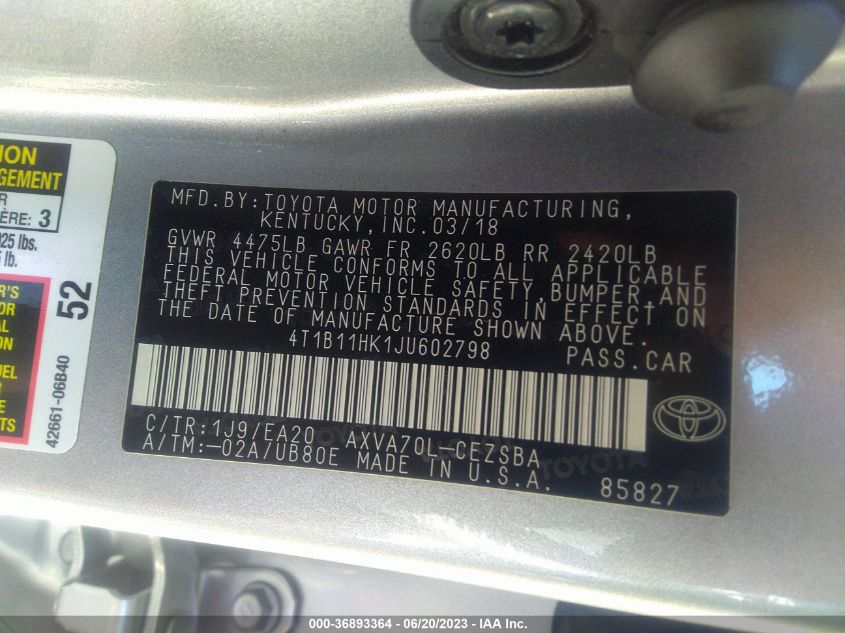 2018 TOYOTA CAMRY SE - 4T1B11HK1JU602798