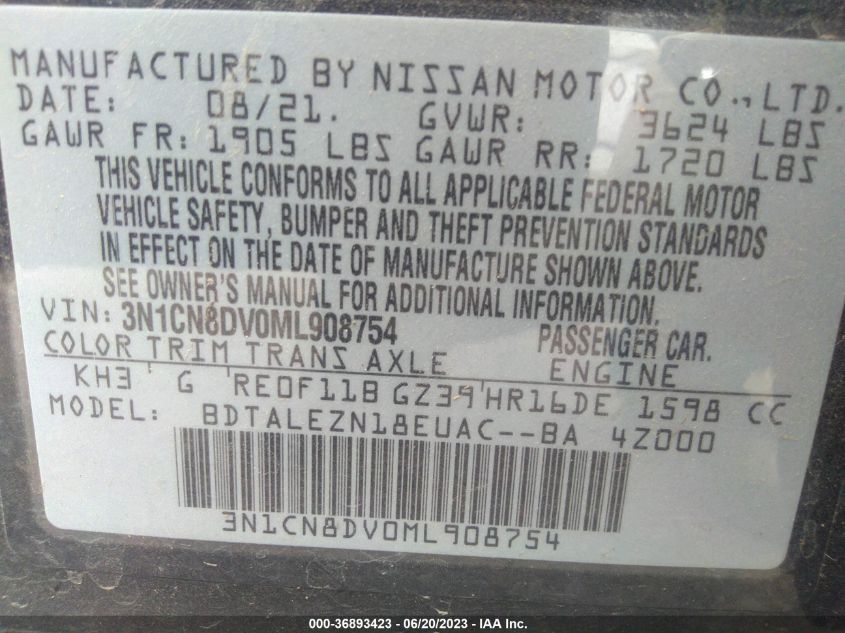 2021 NISSAN VERSA S - 3N1CN8DV0ML908754
