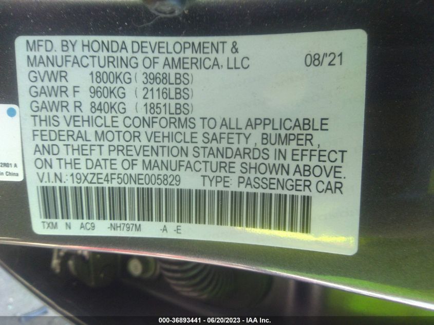 2022 HONDA INSIGHT EX 19XZE4F50NE005829
