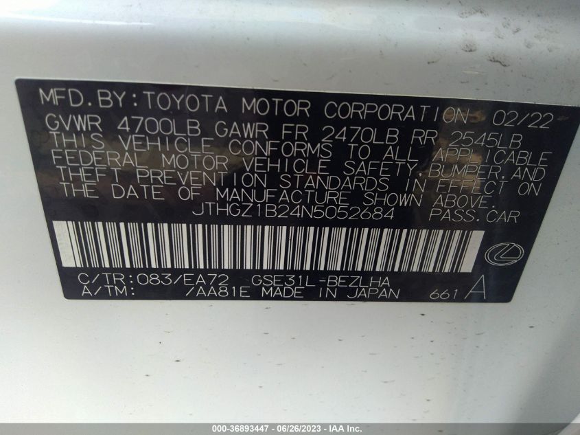 2022 LEXUS IS IS 350 F SPORT - JTHGZ1B24N5052684