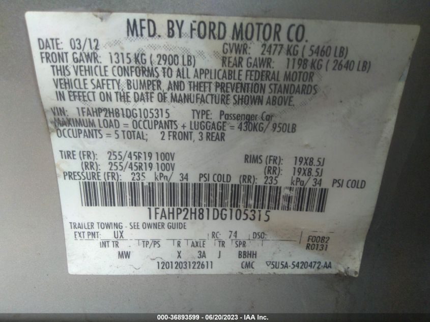 2013 FORD TAURUS SEL - 1FAHP2H81DG105315