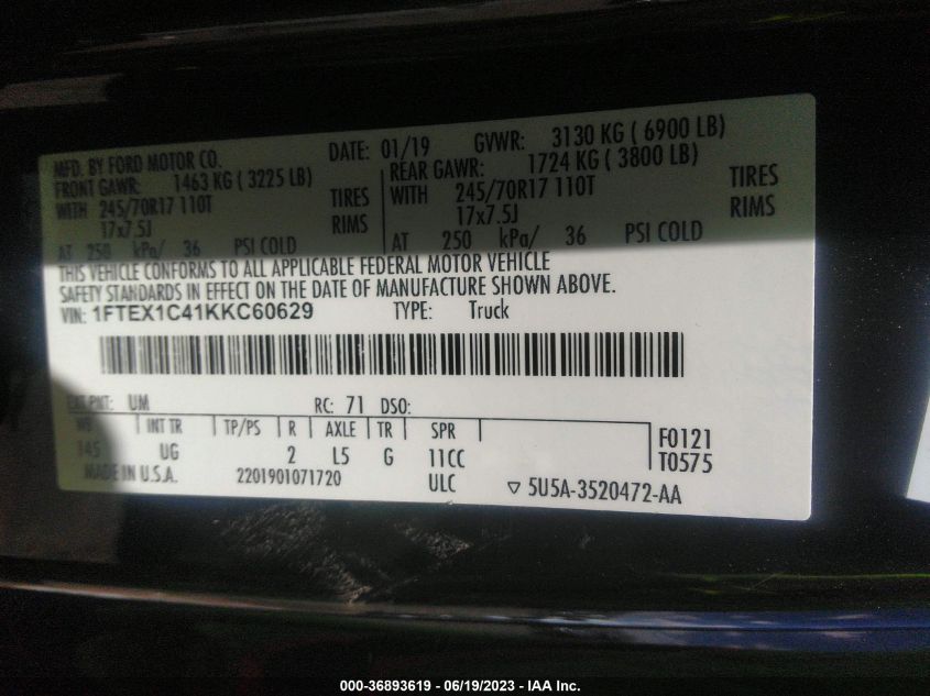2019 FORD F-150 XL/XLT/LARIAT - 1FTEX1C41KKC60629