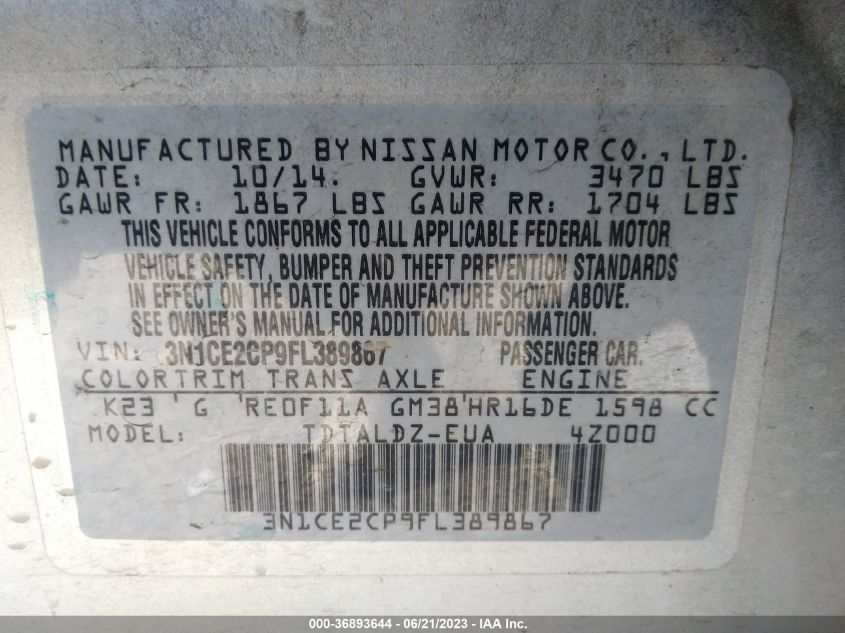 2015 NISSAN VERSA NOTE S/S PLUS/SV/SL/SR - 3N1CE2CP9FL389860