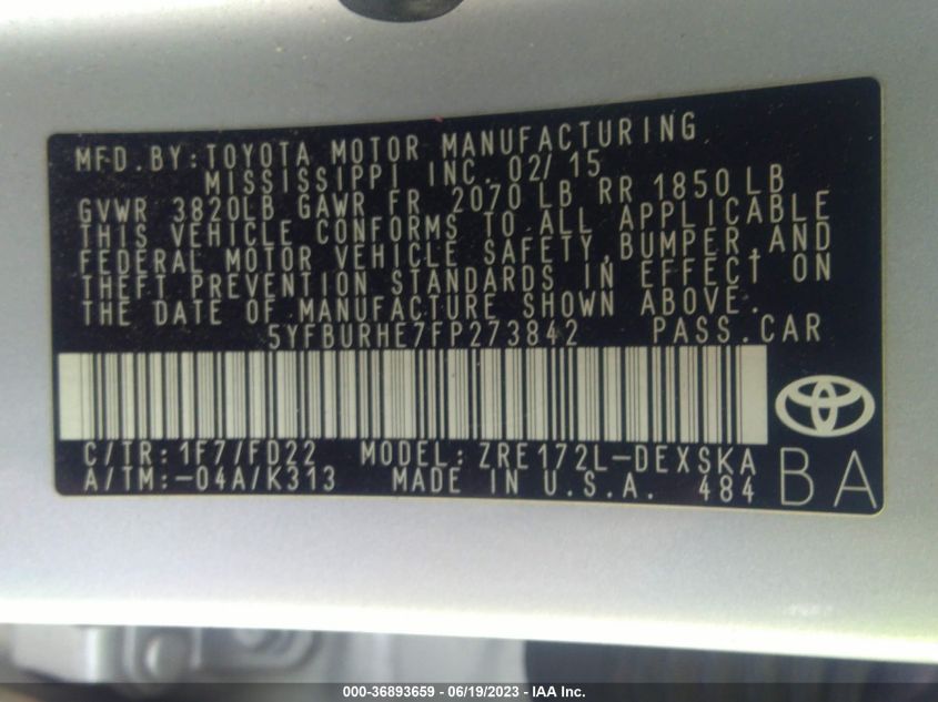 2015 TOYOTA COROLLA L/LE/S/S PLUS/LE PLUS - 5YFBURHE7FP273842