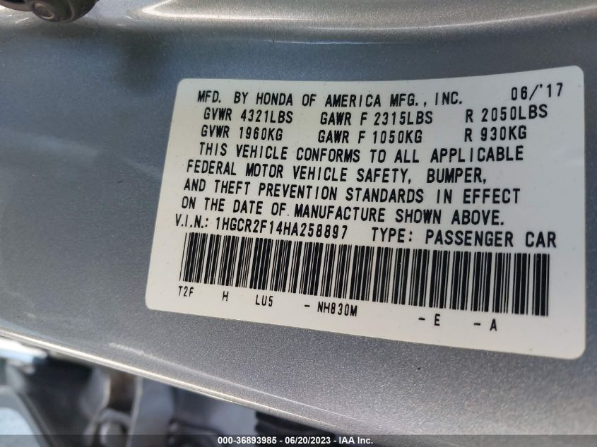 2017 HONDA ACCORD SEDAN SPORT SE - 1HGCR2F14HA258897