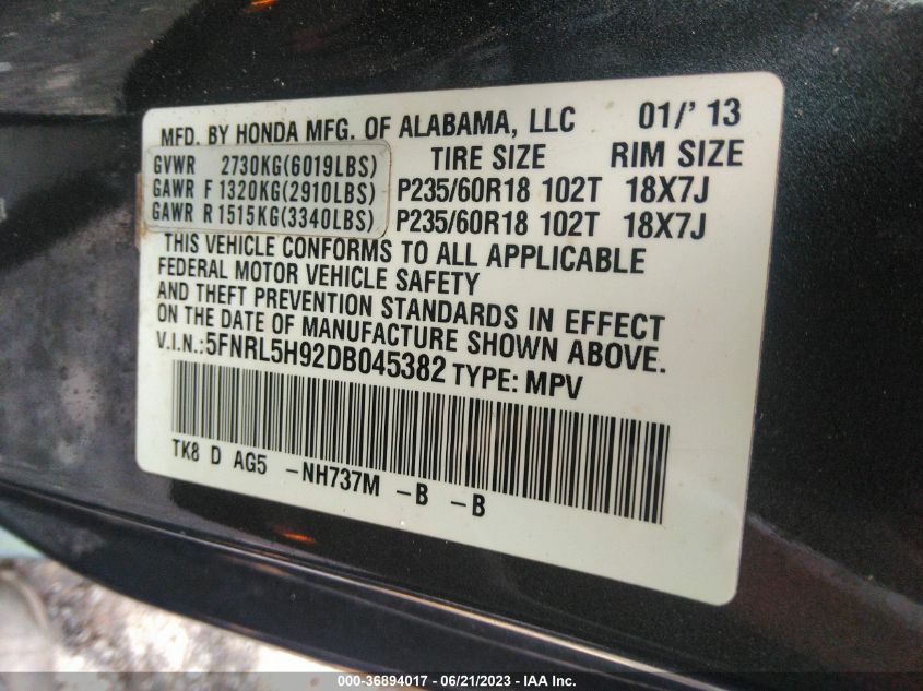 2013 HONDA ODYSSEY TOURING - 5FNRL5H92DB045382