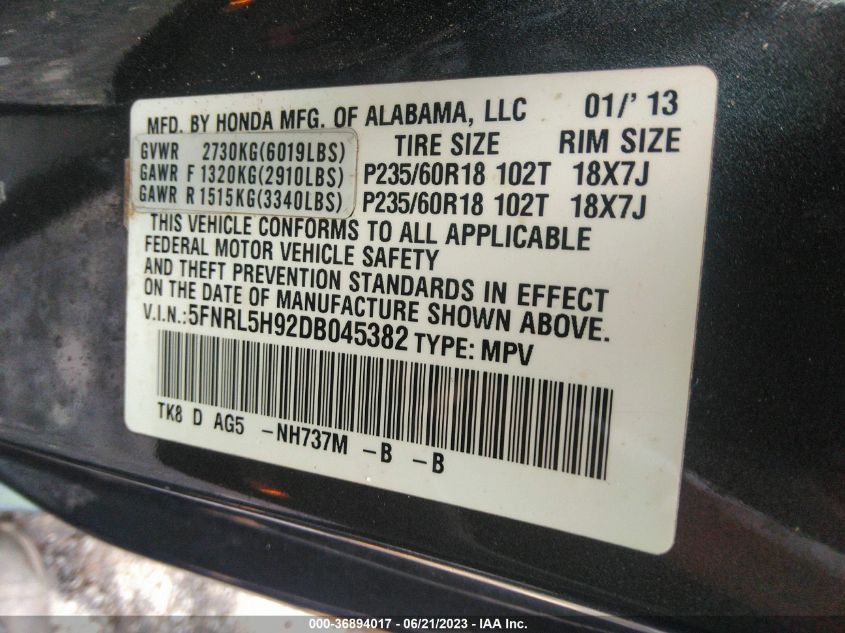 VIN 5FNRL5H92DB045382 2013 HONDA ODYSSEY no.9