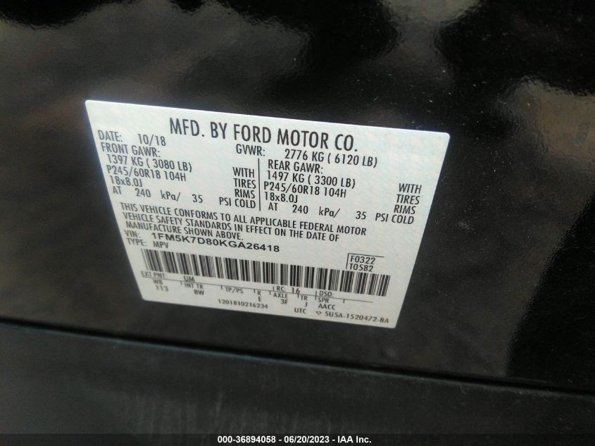 2019 FORD EXPLORER XLT - 1FM5K7D80KGA26418