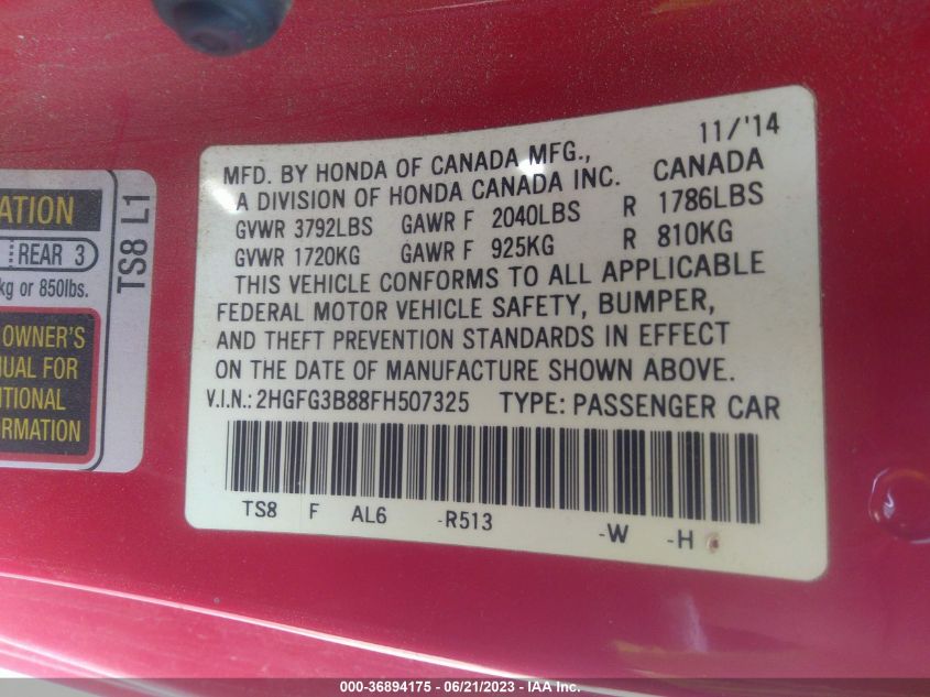 2015 HONDA CIVIC COUPE EX - 2HGFG3B88FH507325
