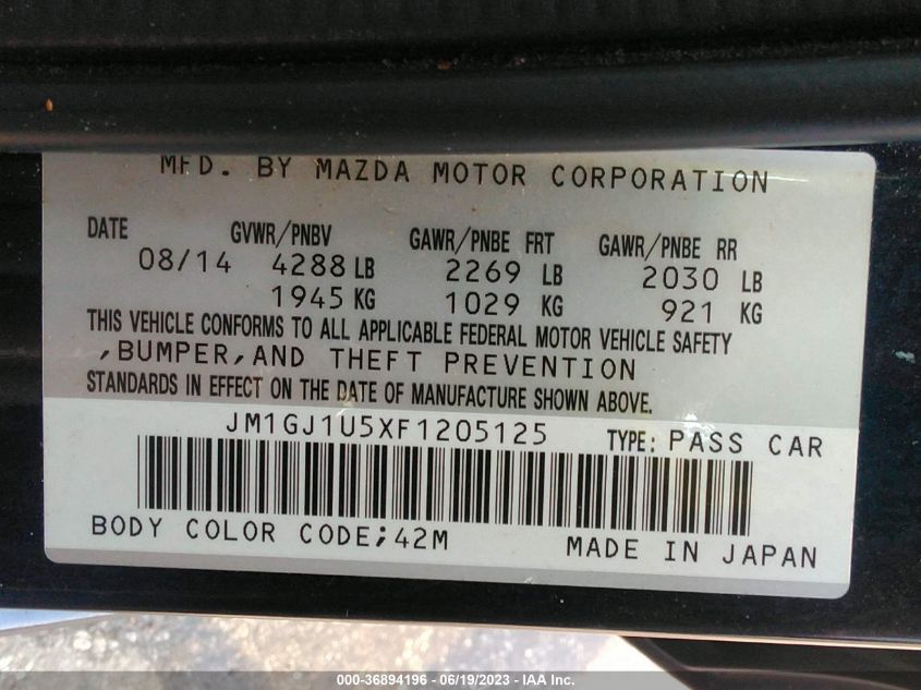 2015 MAZDA MAZDA6 I SPORT - JM1GJ1U5XF1205125