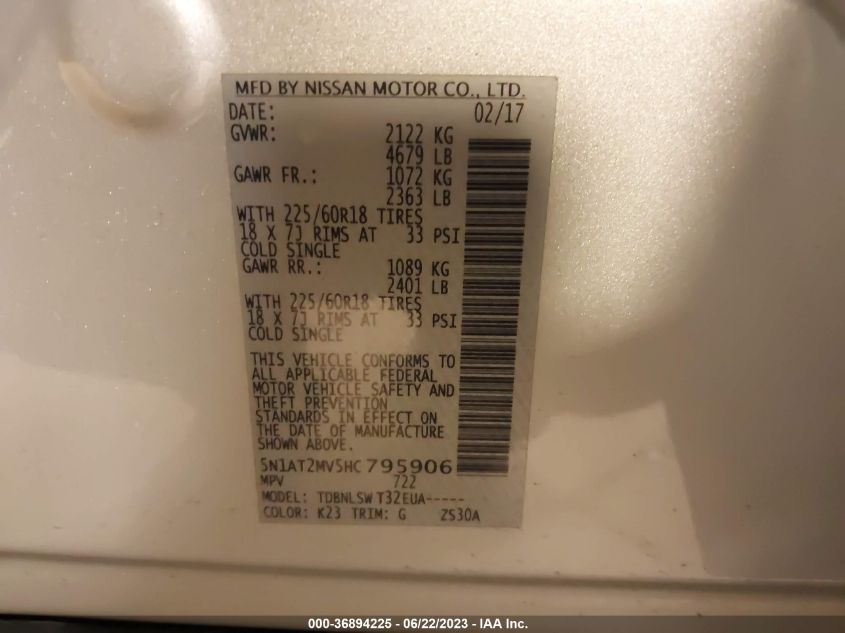 2017 NISSAN ROGUE SL - 5N1AT2MV5HC795906