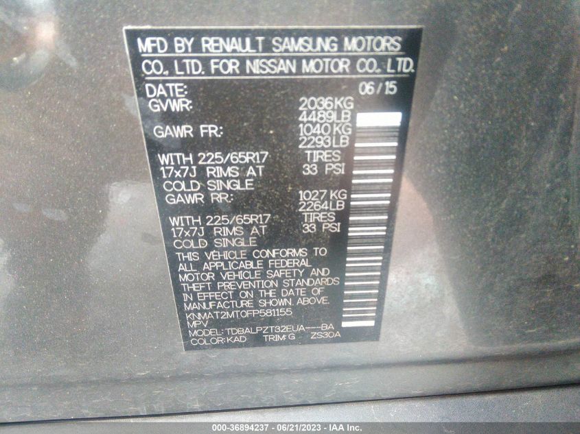 2015 NISSAN ROGUE S/SL/SV - KNMAT2MT0FP581155