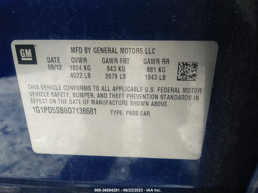 2013 CHEVROLET CRUZE 1LT - 1G1PD5SB8D7138681